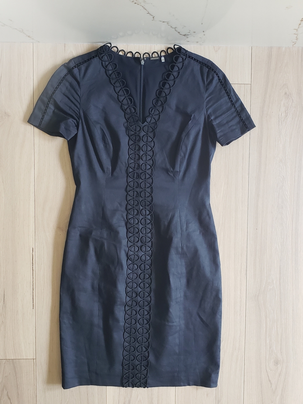 Elie Tahari Navy Short-Sleeve Sheath Dress with Loop Trim